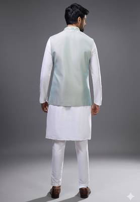 pista green embroidered silk nehru jacket kurta set 2