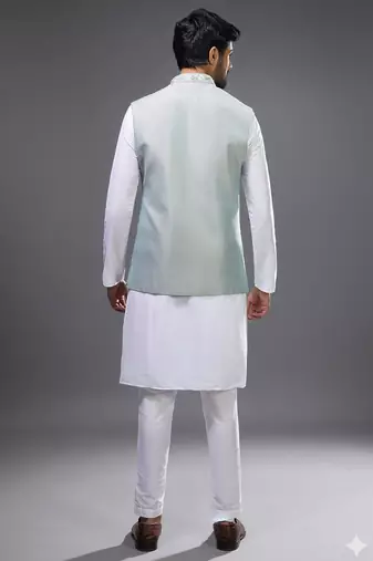pista green embroidered silk nehru jacket kurta set
