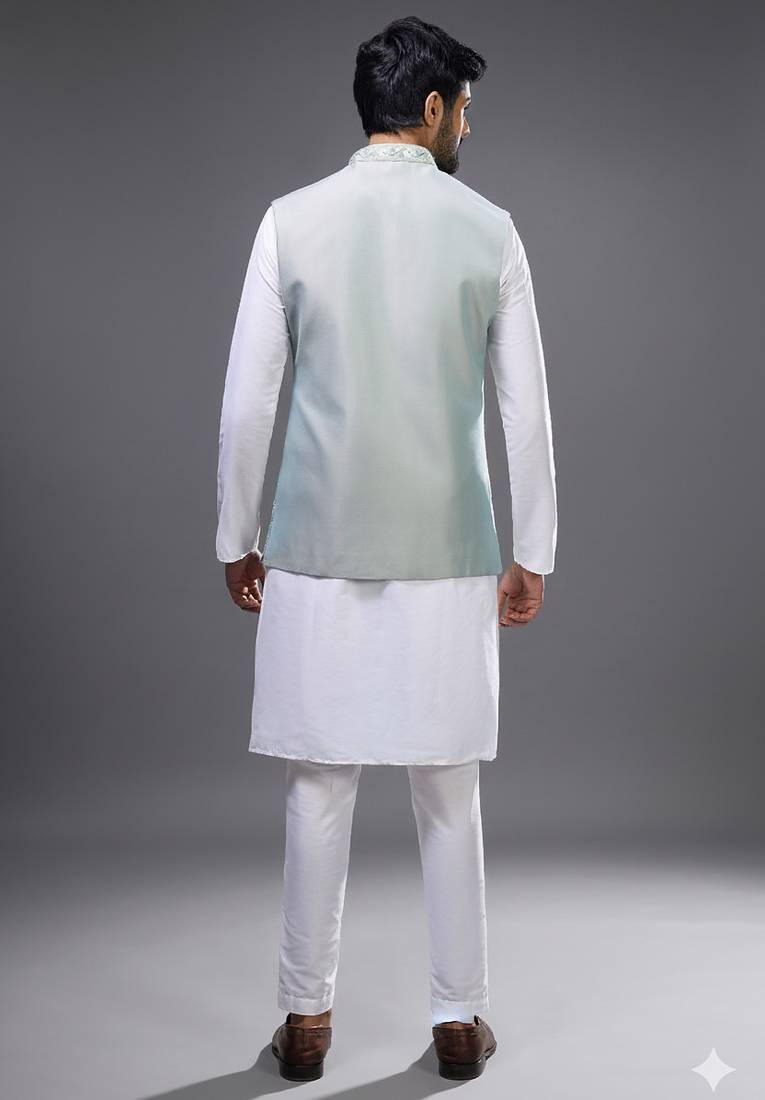 pista green embroidered silk nehru jacket kurta set