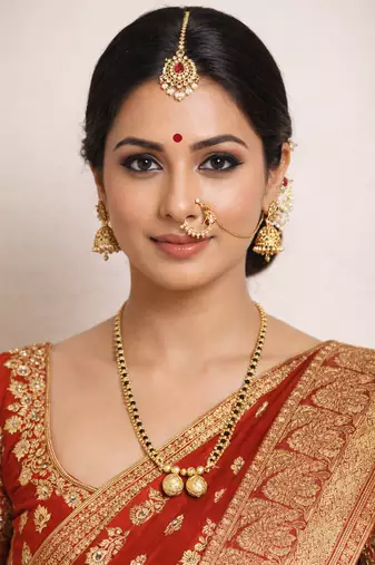 brass gold plated red bead strand double wati long mangalsutra