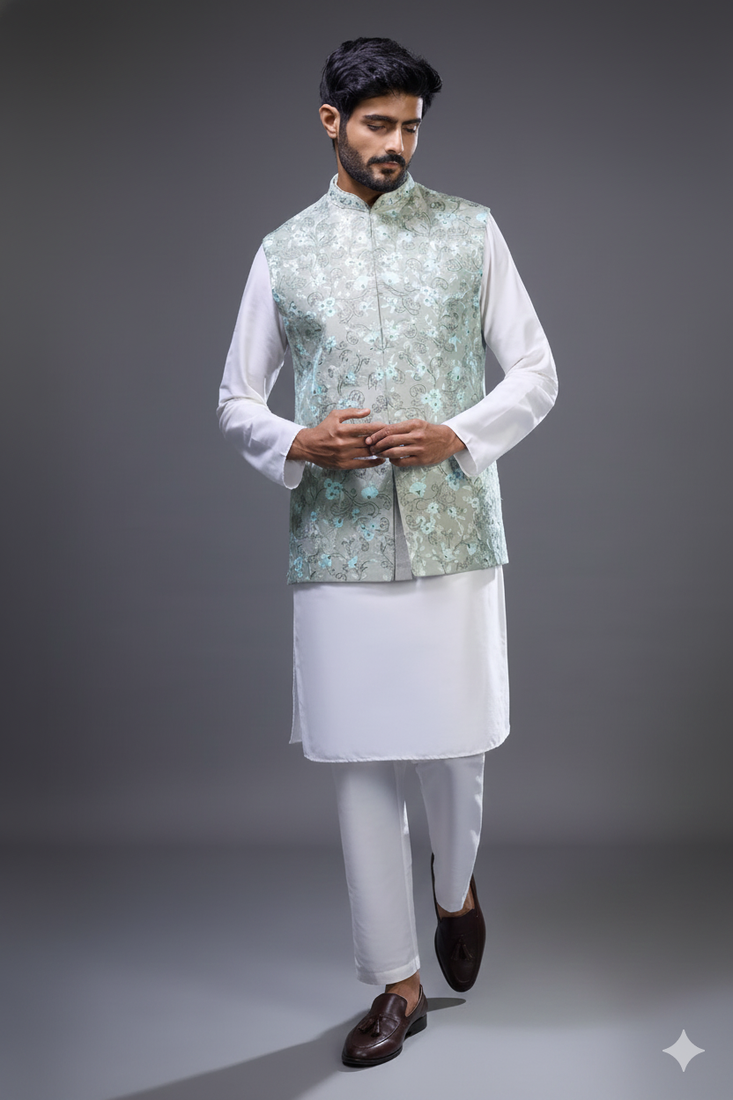 pista green embroidered silk nehru jacket kurta set