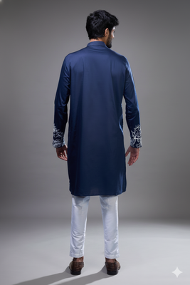 navy blue floral embroidered silk kurta pant set 4