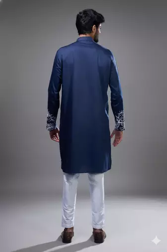 navy blue floral embroidered silk kurta pant set