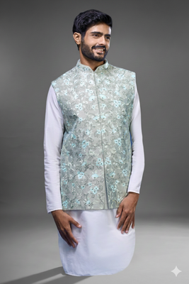pista green embroidered silk nehru jacket kurta set 4