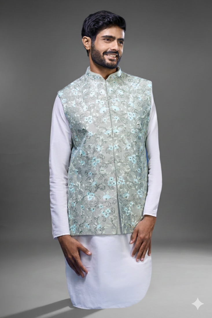 pista green embroidered silk nehru jacket kurta set