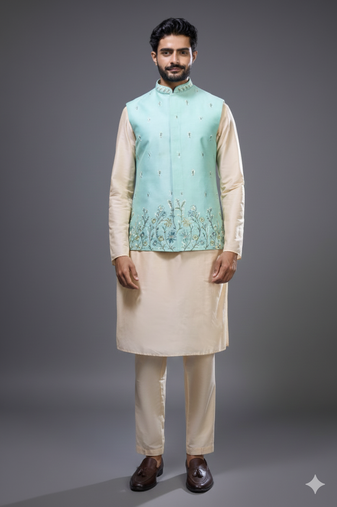 sea green embroidered silk nehru jacket kurta set