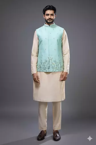 sea green embroidered silk nehru jacket kurta set