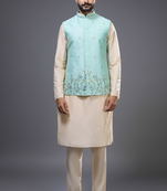 sea green embroidered silk nehru jacket kurta set