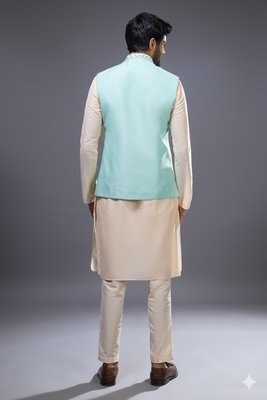 sea green embroidered silk nehru jacket kurta set 2