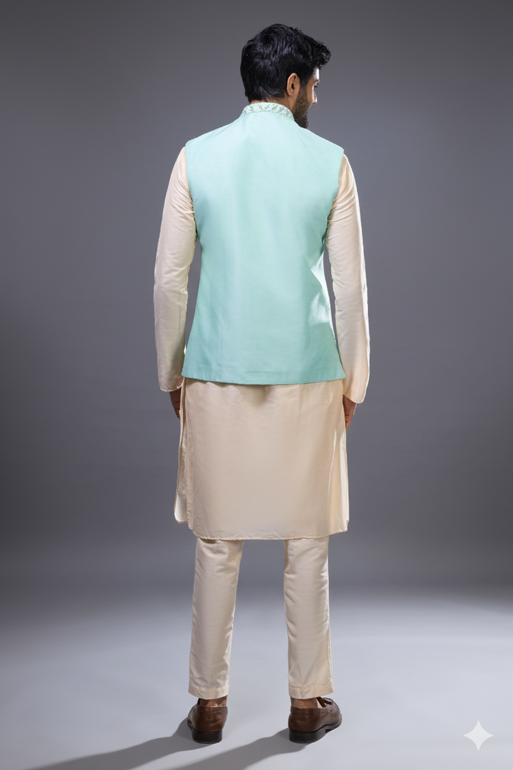 sea green embroidered silk nehru jacket kurta set