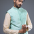 sea green embroidered silk nehru jacket kurta set