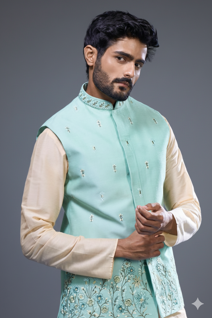 sea green embroidered silk nehru jacket kurta set
