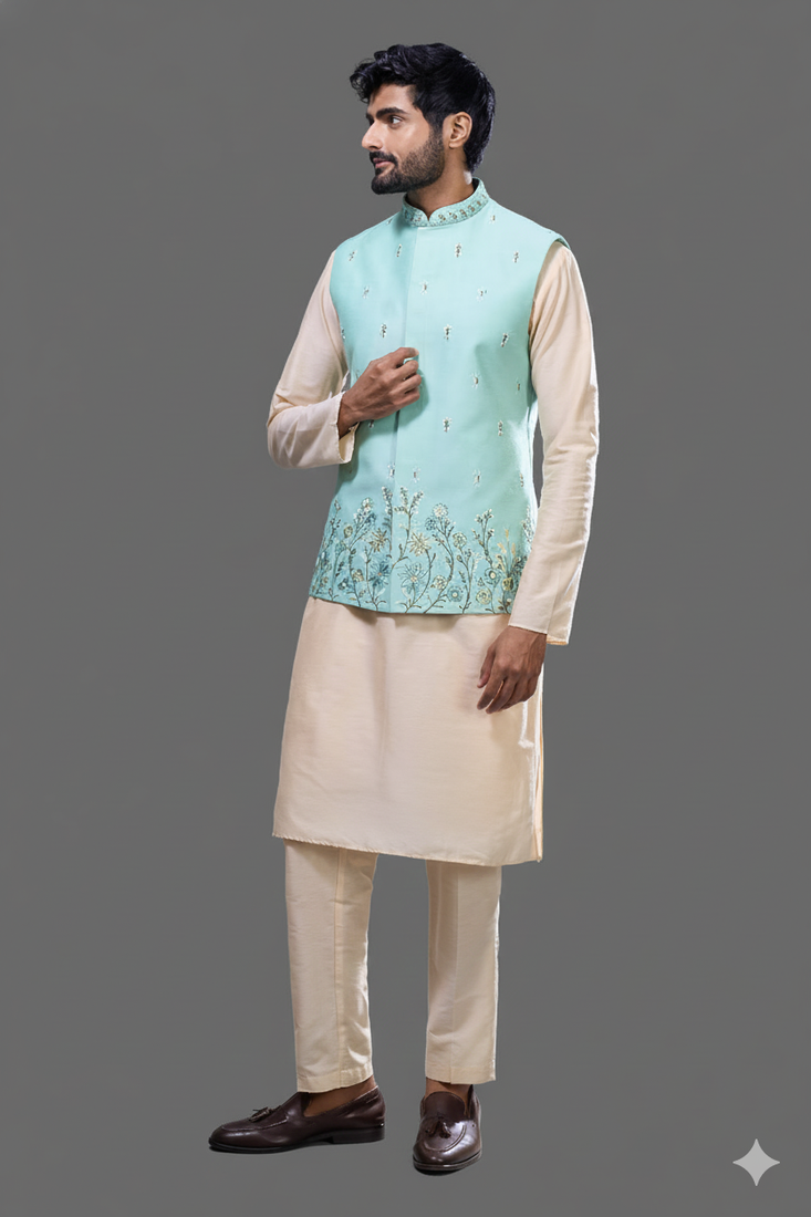 sea green embroidered silk nehru jacket kurta set