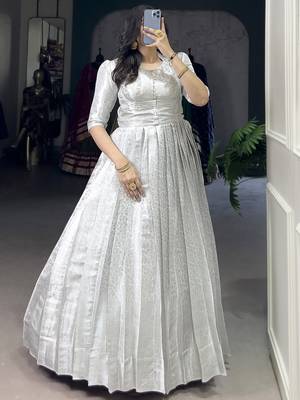 Awesome Off-White Zari Weaving Silk Festive Wear Gown With Koti 1