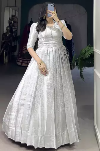 Awesome Off-White Zari Weaving Silk Festive Wear Gown With Koti