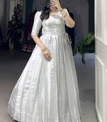 Awesome Off-White Zari Weaving Silk Festive Wear Gown With Koti