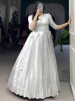 Awesome Off-White Zari Weaving Silk Festive Wear Gown With Koti 2