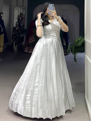Awesome Off-White Zari Weaving Silk Festive Wear Gown With Koti 3