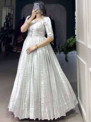 Awesome Off-White Zari Weaving Silk Festive Wear Gown With Koti 4