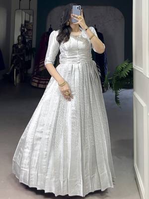 Awesome Off-White Zari Weaving Silk Festive Wear Gown With Koti 5