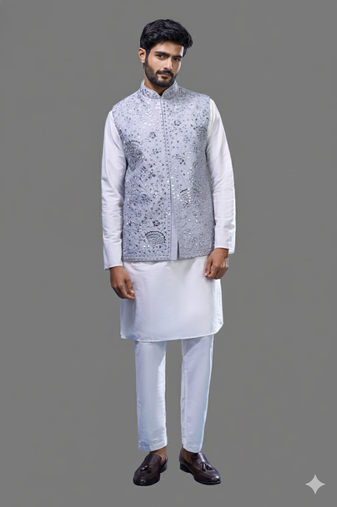 grey embroidered mirror work silk nehru jacket kurta set