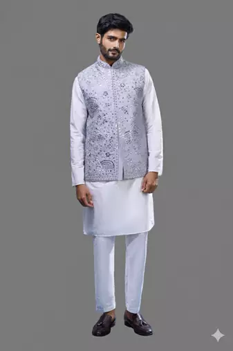 grey embroidered mirror work silk nehru jacket kurta set