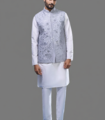 grey embroidered mirror work silk nehru jacket kurta set