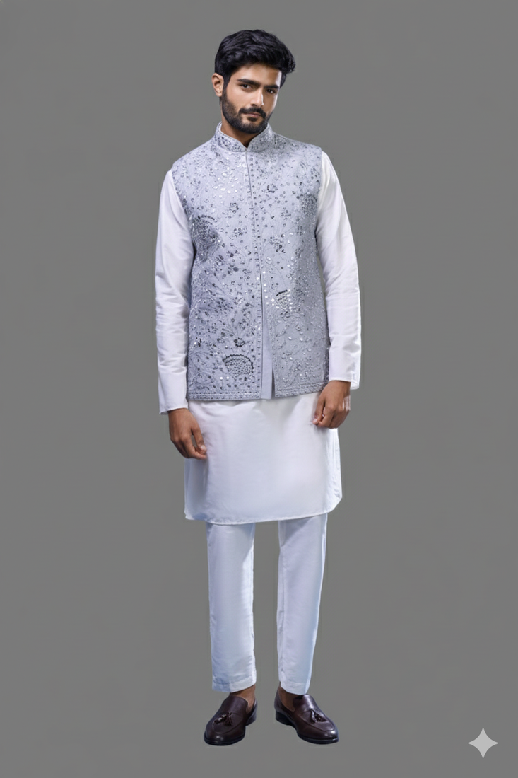 grey embroidered mirror work silk nehru jacket kurta set