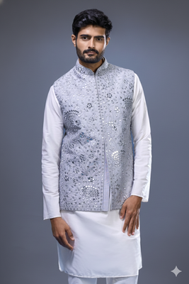 grey embroidered mirror work silk nehru jacket kurta set 2