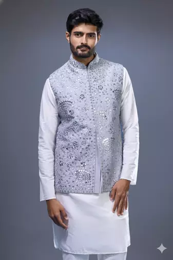 grey embroidered mirror work silk nehru jacket kurta set