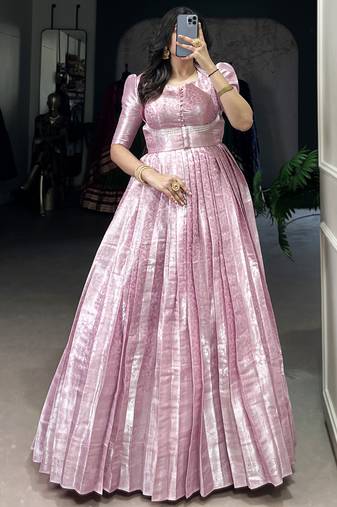 Charming Baby Pink Zari Weaving Silk Wedding Wear Gown With Koti