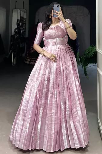 Charming Baby Pink Zari Weaving Silk Wedding Wear Gown With Koti