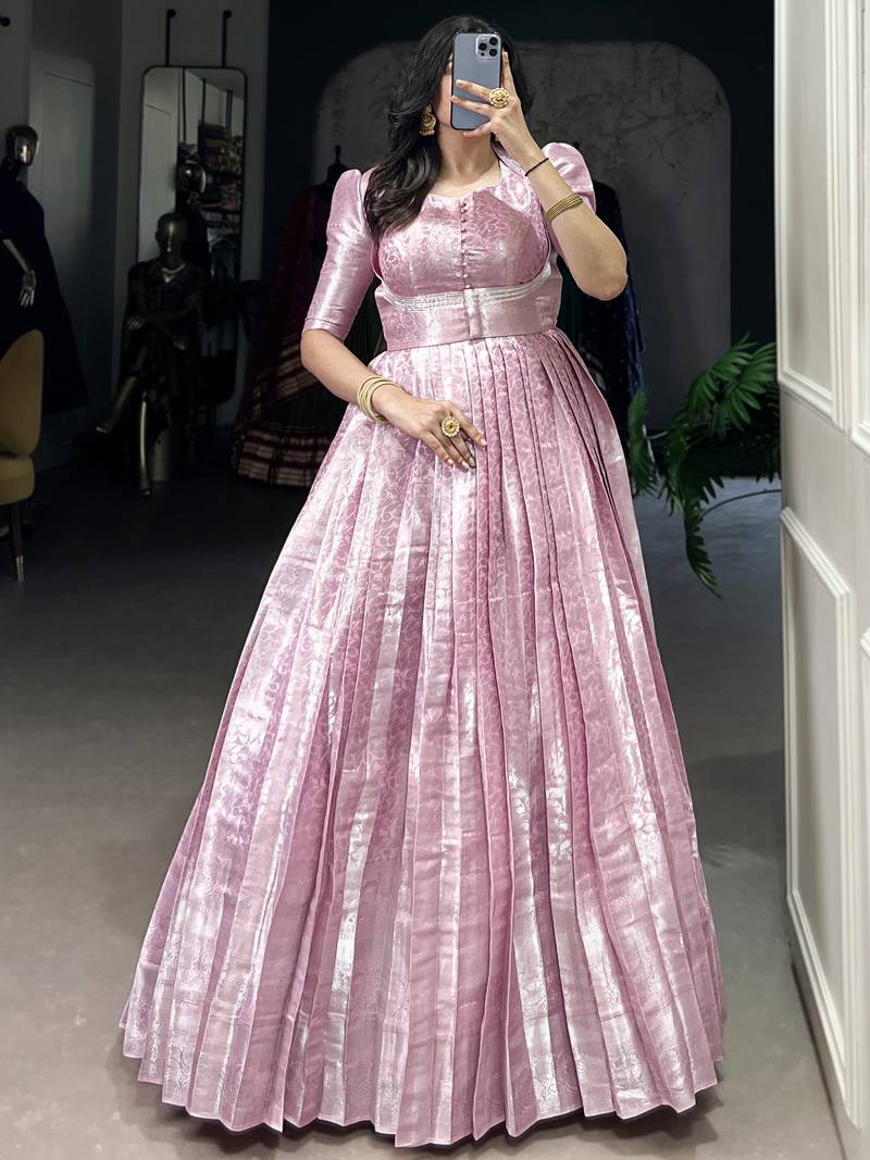 Charming Baby Pink Zari Weaving Silk Wedding Wear Gown With Koti
