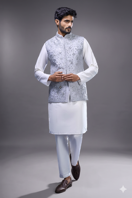 grey embroidered mirror work silk nehru jacket kurta set 3