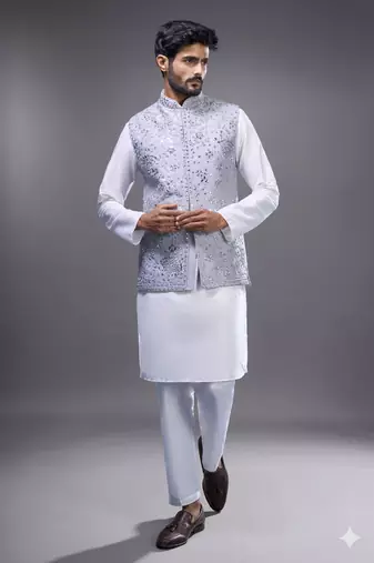 grey embroidered mirror work silk nehru jacket kurta set