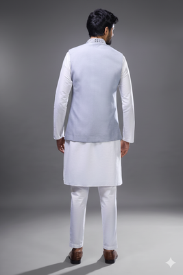 grey embroidered mirror work silk nehru jacket kurta set 4