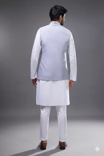 grey embroidered mirror work silk nehru jacket kurta set
