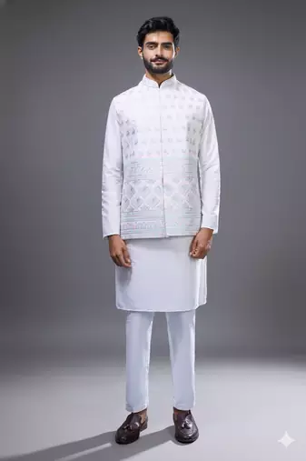 white kurta pajama set with embroidered nehru jacket