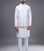 white kurta pajama set with embroidered nehru jacket
