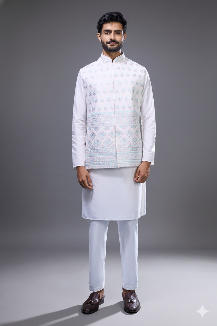 white kurta pajama set with embroidered nehru jacket