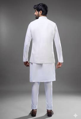 white kurta pajama set with embroidered nehru jacket 2