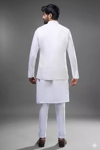 white kurta pajama set with embroidered nehru jacket