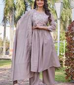 grey party wear embroidered silk kurta pant set