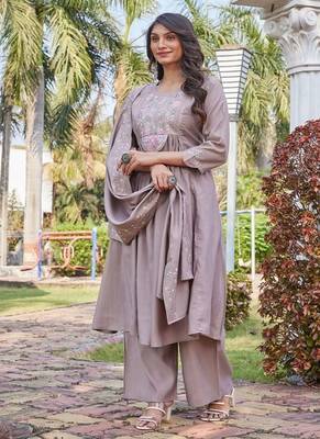 grey party wear embroidered silk kurta pant set 2