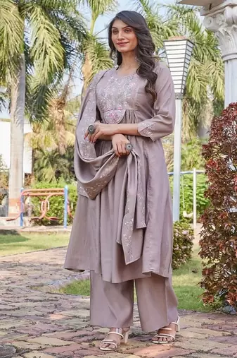 grey party wear embroidered silk kurta pant set