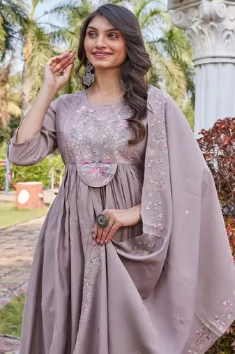 grey party wear embroidered silk kurta pant set