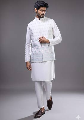 white kurta pajama set with embroidered nehru jacket 3