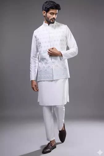 white kurta pajama set with embroidered nehru jacket