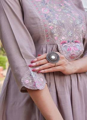 grey party wear embroidered silk kurta pant set 5