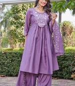 purple party wear embroidered silk kurta pant set